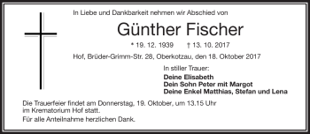 Traueranzeige von Günther Fischer von Frankenpost
