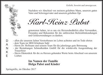 Traueranzeige von Karl-Heinz Pabst von Südthüringer Presse