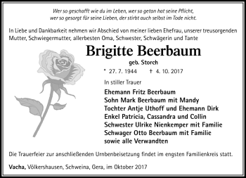 Traueranzeige von Brigitte Beerbaum von Südthüringer Presse