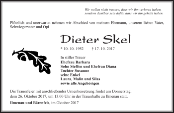 Traueranzeige von Dieter Skel von Südthüringer Presse