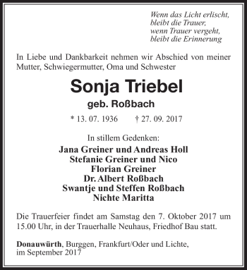Traueranzeige von Sonja Triebel von Südthüringer Presse