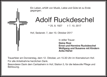 Traueranzeige von Adolf Ruckdeschel von Frankenpost