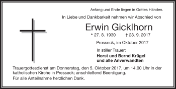 Traueranzeige von Erwin Gicklhorn von Frankenpost
