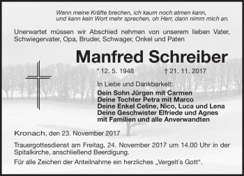 Traueranzeige von Manfred Schreiber von Neue Presse Coburg