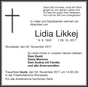 Traueranzeige von Lidia Likkej von Frankenpost