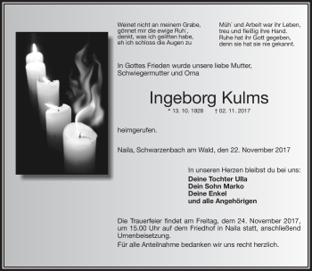 Traueranzeige von Ingeborg Kulms von Frankenpost