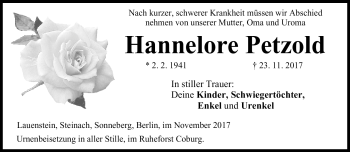 Traueranzeige von Hannelore Petzold von Neue Presse Coburg