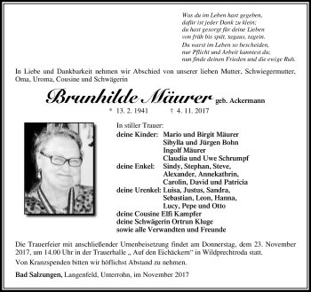 Traueranzeige von Brunhilde Mäurer von Südthüringer Presse