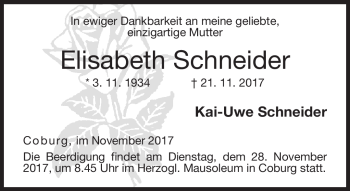 Traueranzeige von Elisabeth Schneider von Neue Presse Coburg