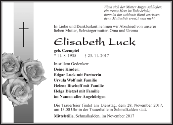 Traueranzeige von Elisabeth Luck von Südthüringer Presse
