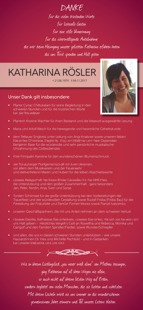  Traueranzeige für Katharina Rösler vom 25.11.2017 aus Neue Presse Coburg