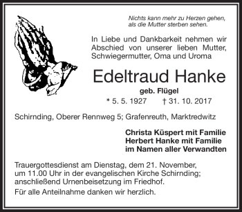 Traueranzeige von Edeltraud Hanke von Frankenpost