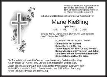 Traueranzeige von Marie Kießling von Frankenpost