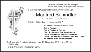 Traueranzeige von Manfred Schindler von Frankenpost
