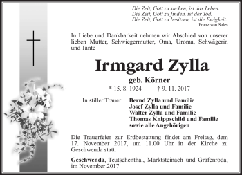 Traueranzeige von Irmgard Zylla von Südthüringer Presse