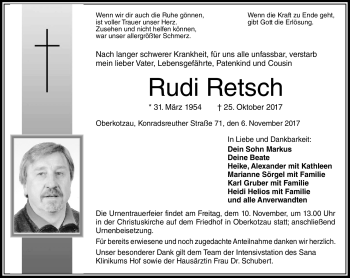 Traueranzeige von Rudi Retsch von Frankenpost