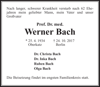 Traueranzeige von Werner Bach von Südthüringer Presse