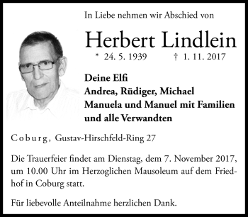 Traueranzeige von Herbert Lindlein von Neue Presse Coburg