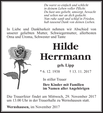 Traueranzeige von Hilde Herrmann von Südthüringer Presse