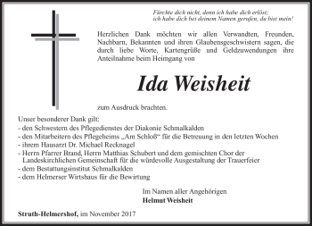 Traueranzeige von Ida Weisheit von Südthüringer Presse