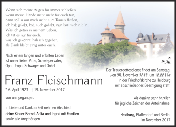 Traueranzeige von Franz Fleischmann von Südthüringer Presse