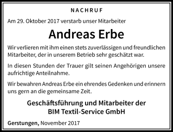 Traueranzeige von Andreas Erbe von Südthüringer Presse