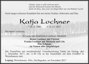 Traueranzeige von Katja Lochner von Südthüringer Presse