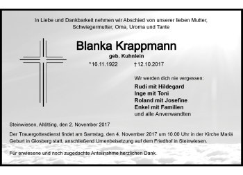 Traueranzeige von Blanka Krappmann von Neue Presse Coburg