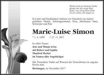 Traueranzeige von Marie-Luise Simon von Südthüringer Presse