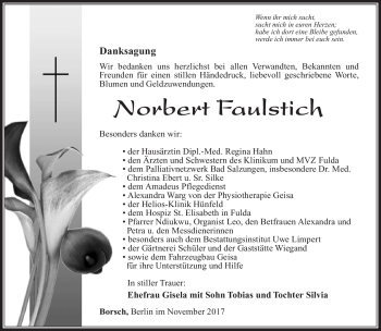 Traueranzeige von Norbert Faulstich von Südthüringer Presse