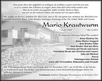 Traueranzeige von Mario Krautwurm von Südthüringer Presse