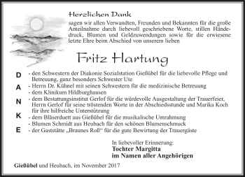 Traueranzeige von Fritz Hartung von Südthüringer Presse