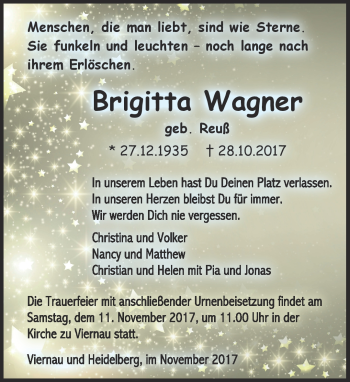 Traueranzeige von Brigitta Wagner von Südthüringer Presse