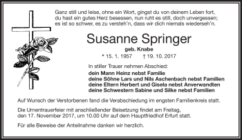 Traueranzeige von Susanne Springer von Frankenpost