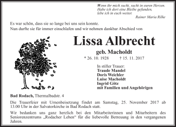 Traueranzeige von Lissa Albrecht von Südthüringer Presse