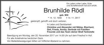 Traueranzeige von Brunhilde Rödl von Frankenpost