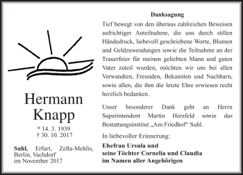Traueranzeige von Hermann Knapp von Südthüringer Presse
