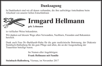 Traueranzeige von Irmgard Hellmann von Südthüringer Presse