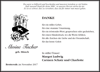Traueranzeige von Alwine Tischer von Südthüringer Presse