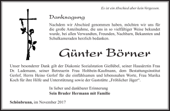 Traueranzeige von Günter Börner von Südthüringer Presse