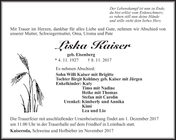Traueranzeige von Liska Kaiser von Südthüringer Presse