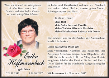 Traueranzeige von Erika Hoffmannbeck von Südthüringer Presse
