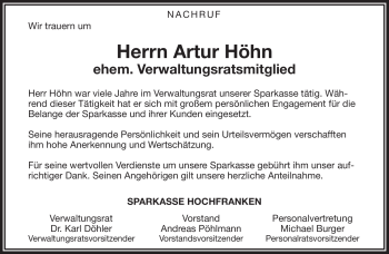 Traueranzeige von Artur Höhn von Frankenpost