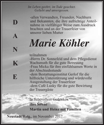 Traueranzeige von Marie Köhler von Südthüringer Presse