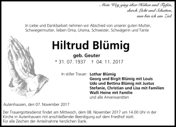 Traueranzeige von Hiltrud Blümig von Neue Presse Coburg