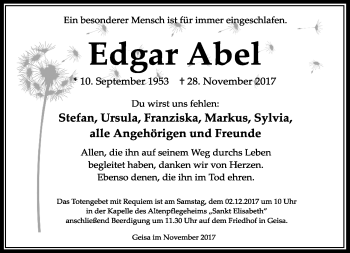 Traueranzeige von Edgar Abel von Südthüringer Presse