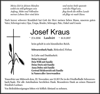 Traueranzeige von Josef Kraus von Frankenpost