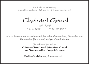 Traueranzeige von Christel Gruel von Südthüringer Presse