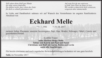 Traueranzeige von Eckhard Melle von Südthüringer Presse