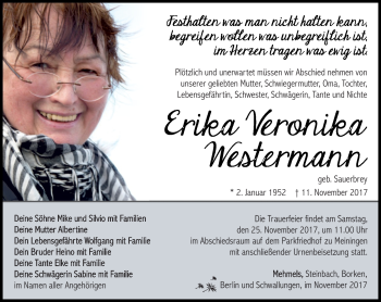 Traueranzeige von Erika Westermann von Südthüringer Presse